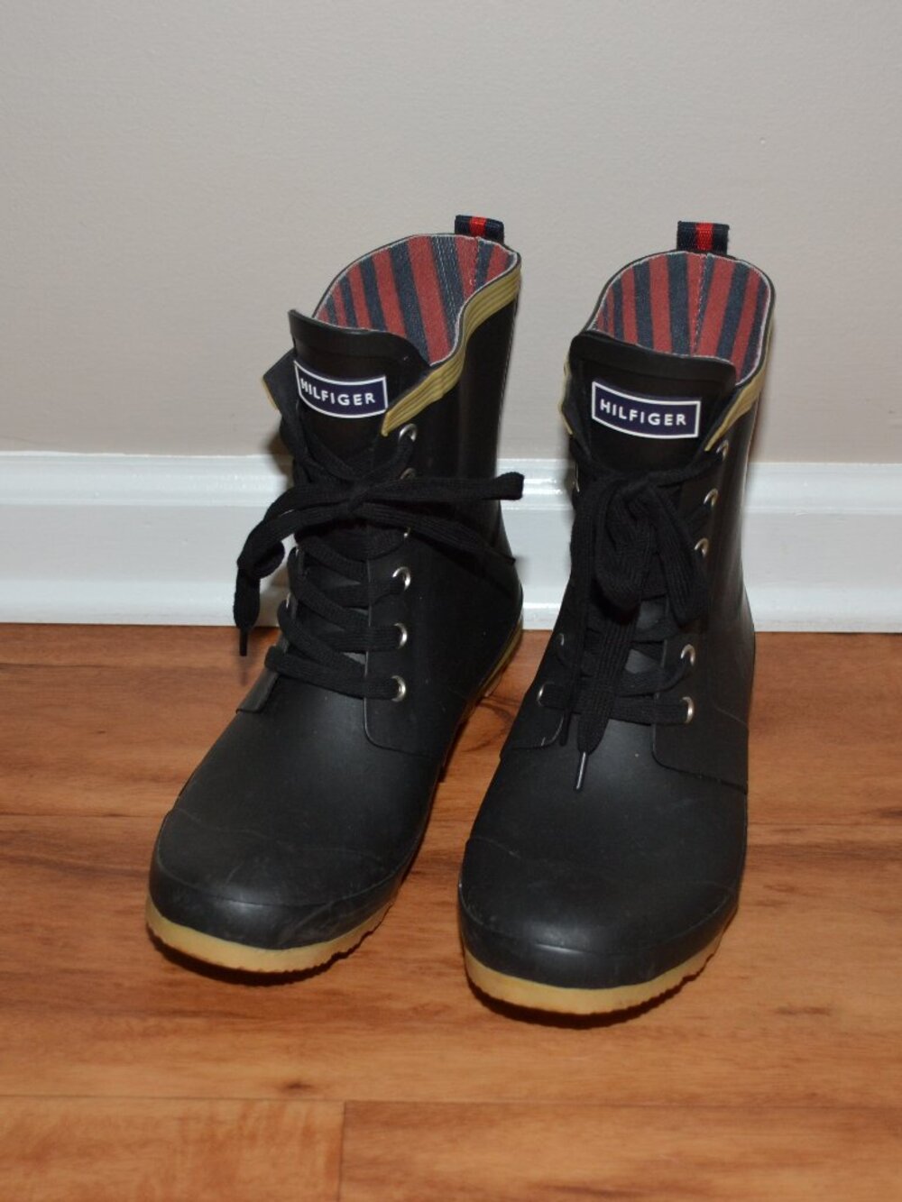 Tommy Hilfiger Womens Renegade Rain Duck Boots Rubber Lace Front Black Size 9